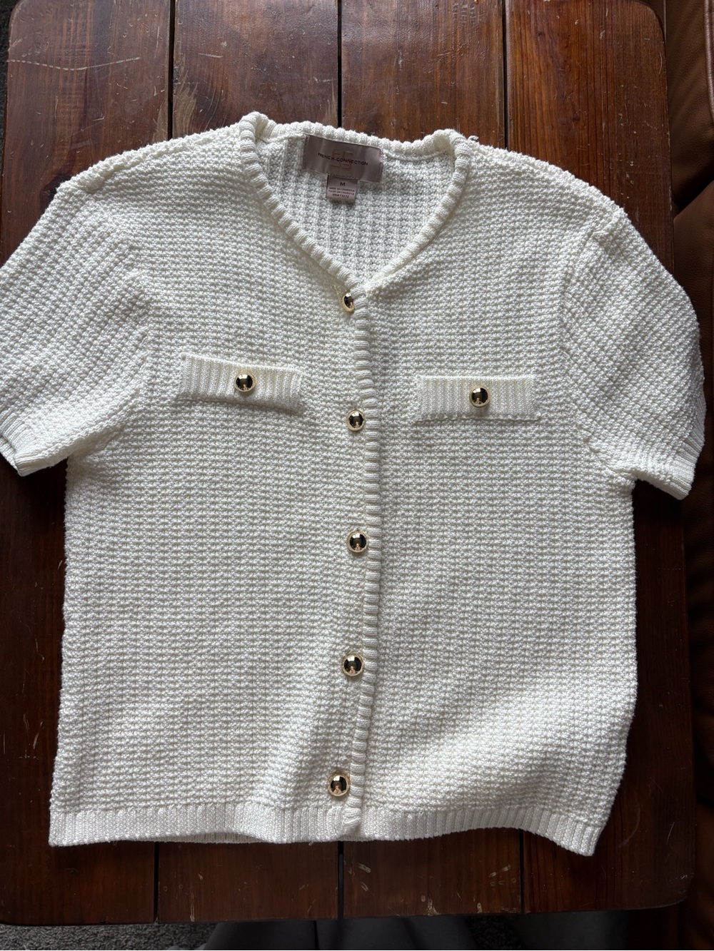 French Connection Ivory Short-Sleeve Knit Cardigan with Gold Buttons